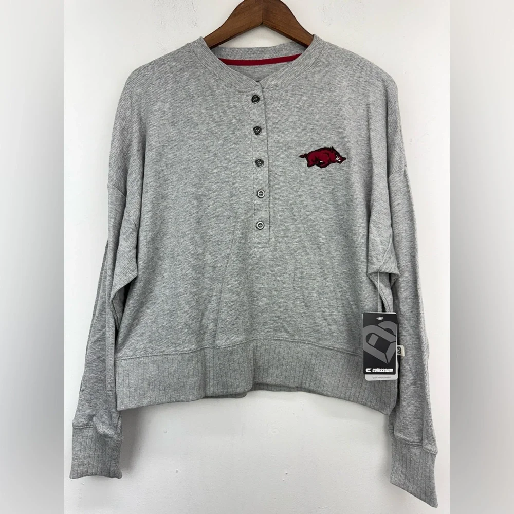 Colosseum Sz Medium Women’s Gray Arkansas Razorbacks Thermal Henley Sweater NWT